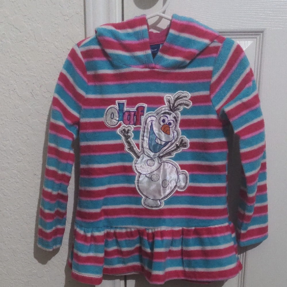 Disney Olaf Little Girl Hooded Pullover Striped Fleece. Size 5